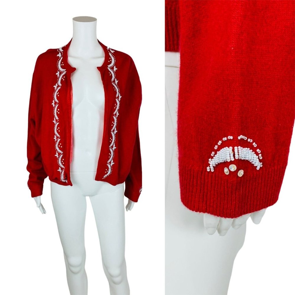 Vintage 50s Beaded Cardigan Red White Lamb's Wool Open Sweater B 50"